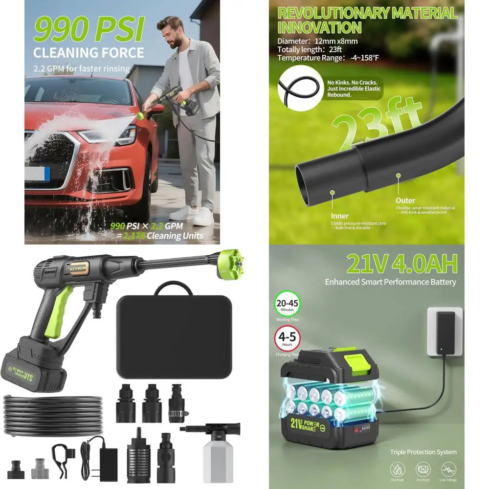 

Аккумуляторная мойка высокого давления 21В 990PSI с 6 насадками и высокоэластичным шлангом для домашнего использования