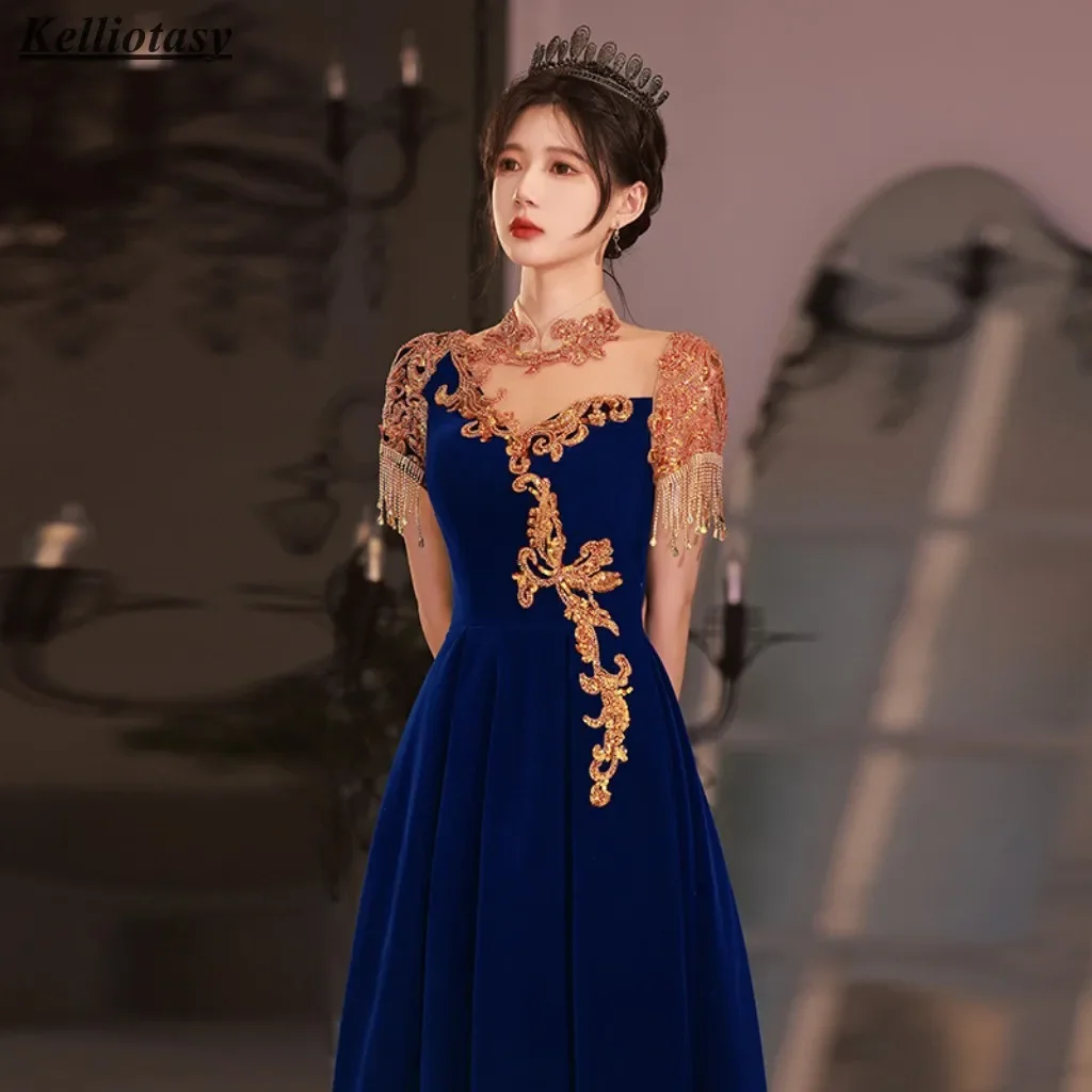 

Evening Dresses For Weddings High Collar Luxury Formal Navy Blue Evening Party Dress Lace Up Back MBYD014