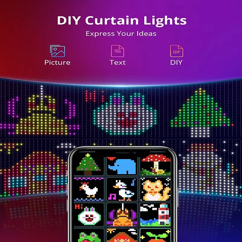 Programmable Bluetooth Smart LED Curtain String Light DIY Text Photo Display RGB+IC String Light Indoor Decoration 400LED