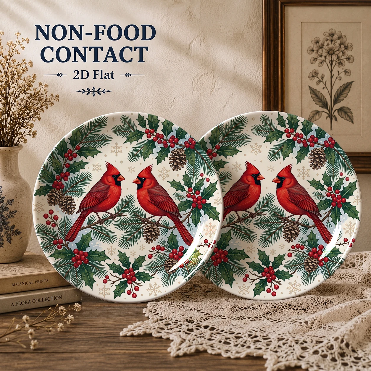 1pc Christmas Cardinal Decorative Ceramic Plate, Round Red Bird Display Plate for Wall, Shelf, Home Decor, Holiday Gifts, 8 Inch