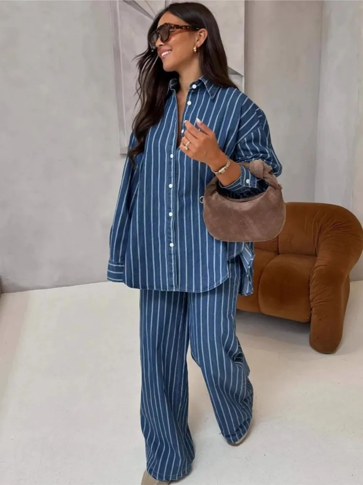 Casual Streep Broek Sets Vrouwen 2026 Lente Nieuwe Losse Lange Mouw Broek Tweedelige Set Streetwear Dame Woon-werkverkeer Pakken - afbeelding 2