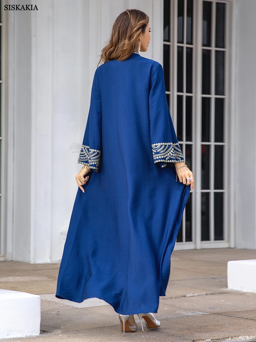 Siskakia Fashion Dubai Women Dress Floral Embroidery Abayas Long Sleeve Notched V-Neck Loose Skirt Arabic Party Dress