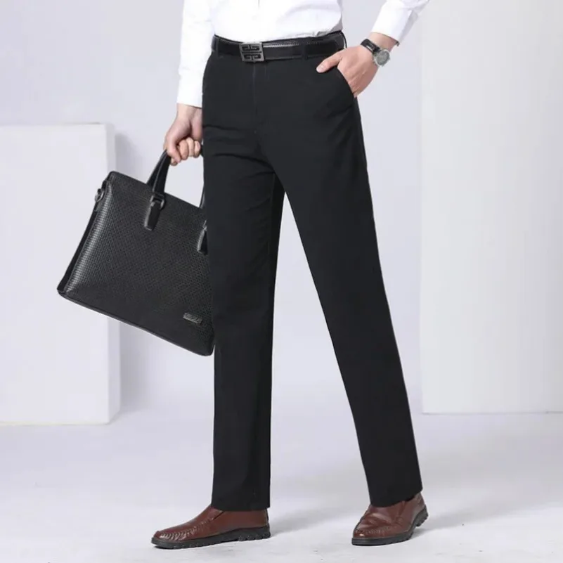 Men's Office-Ready 100% Cotton Casual Business Pants Autumn Thickened Summer Thin Solid Color Quick-Drying Work Trousers KOACUS
