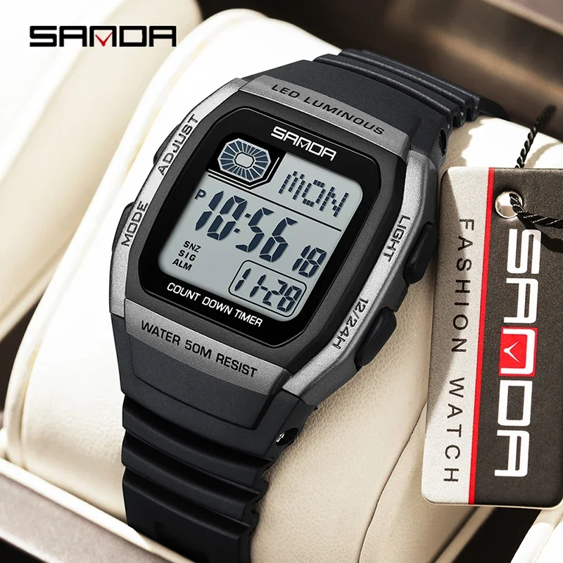 ]SANDA Fashion Trend Youth Electronic Watch Square Multifunction Countdown Luminous Waterproof Casual Sport Men Digital Watch