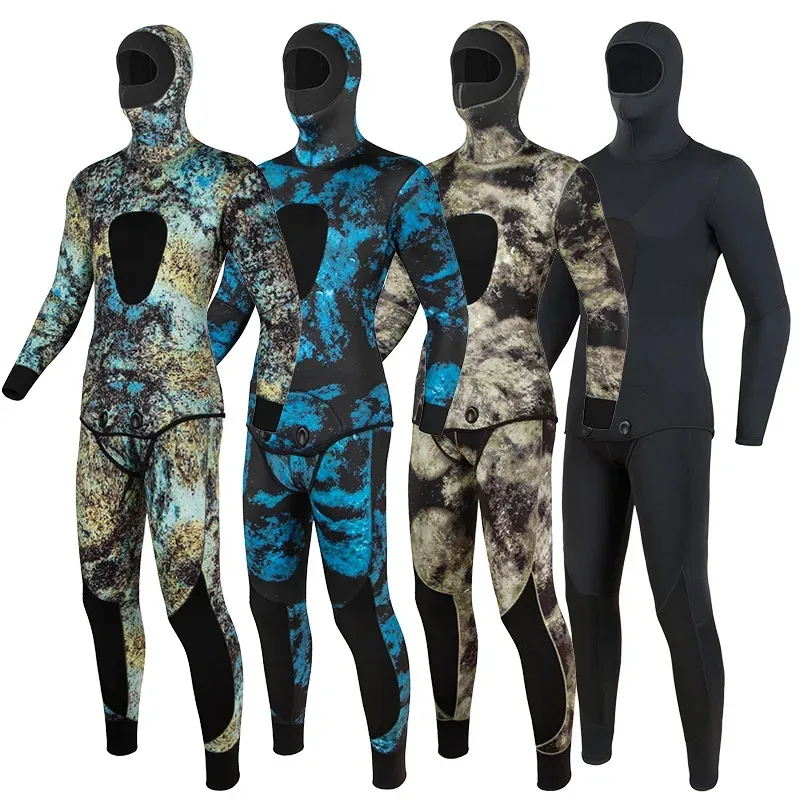 Traje de neopreno de camuflaje para hombre, manga larga, fisión con capucha, 2 piezas de neopreno sumergible para hombre, mantiene el calor, impermeable, buceo, Sui gdk
