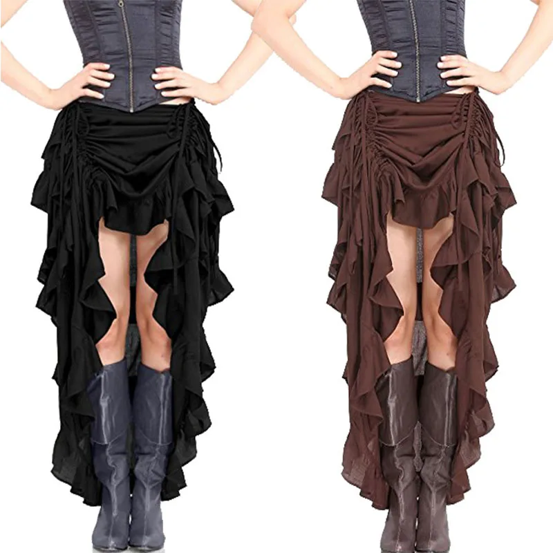 Women Vintage Gothic Long Skirt Sexy High-Low Ruffles Elasticity Pleated Corset Skirts Steampunk Party Pirate Cosplay Costume