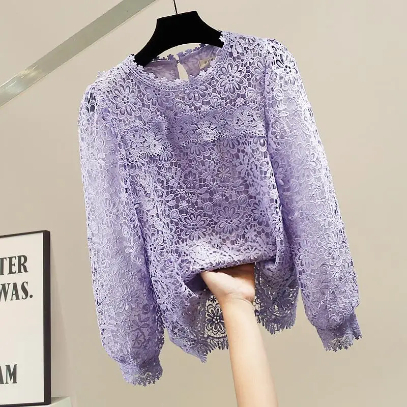 

Retro Long Sve Lace Hook Flower irt Women's Spring New Artistic Lady Sle Versatile round Ne Top Ele Personali