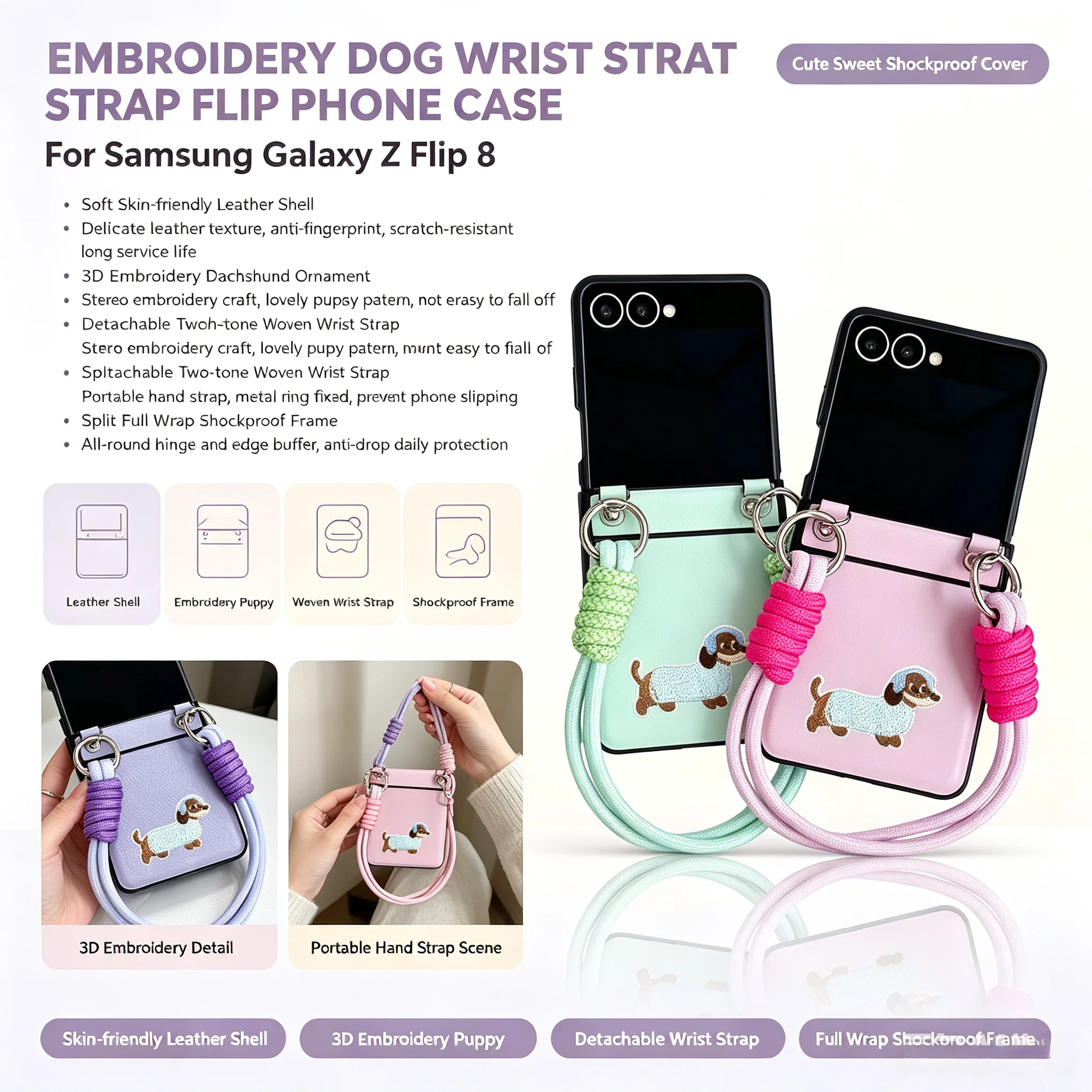 Fashion Premium PU Leather Cute Puppy Pattern Phone Case For Samsung Galaxy Z Flip 8 7 6 5 Anti-lost Crossbody Wrist Strap Cover