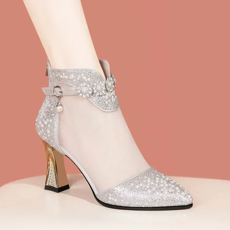 2024 Summer New Fashion Pointed Mesh Breathable Rhinestone High Heel Buckle Large Comfortable Cool Boots Single Shoe Women