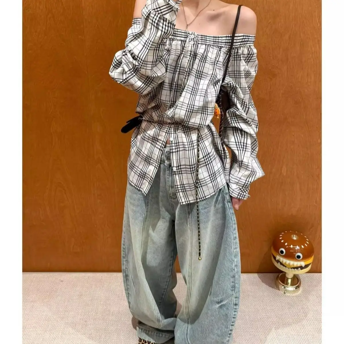 

One-word Shoulder Plaid Shirt Jacket Women's Autumn Multi-wear Drawstring Slanted Shoulder Shirt Loose Casual Top