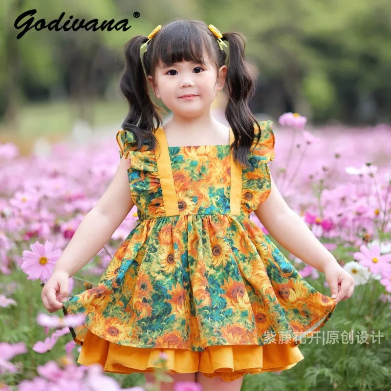 Spring and Summer New Girls Vintage Print Princess Lolita Sundress Kids Cute Sunflower Feifei Sleeve Bow Birthday Casual Dress