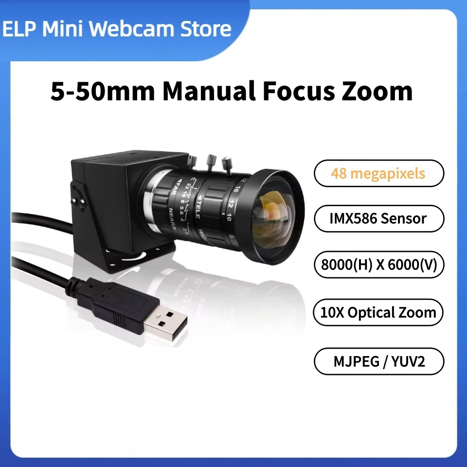 

ELP 48MP USB Camera with 5-50 Varifocal Lens, 10X Optical Zoom, IMX586 8K CMOS UVC Plug & Play for for Microscope