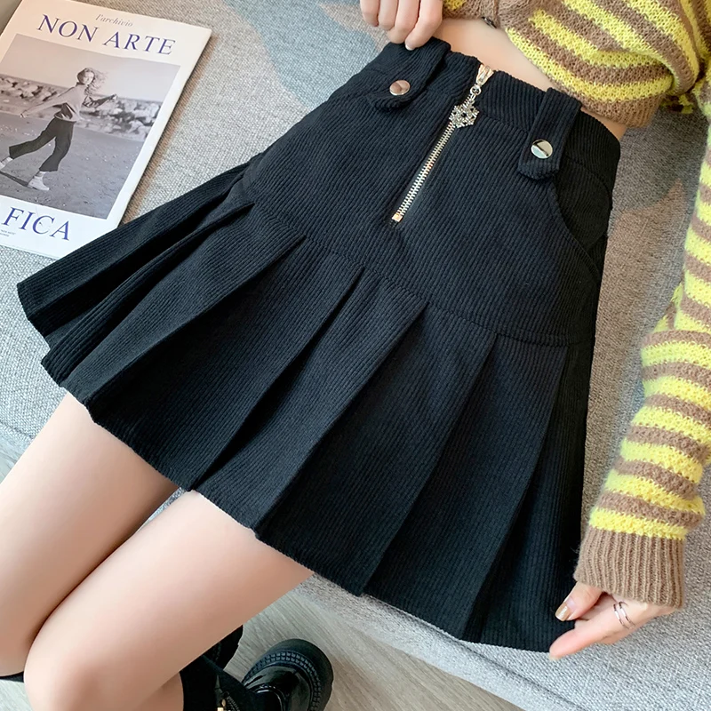 가을 겨울 코듀로이 플리츠 스커트 여성 하이웨이스트 지퍼 포켓 A라인 숏 스커트