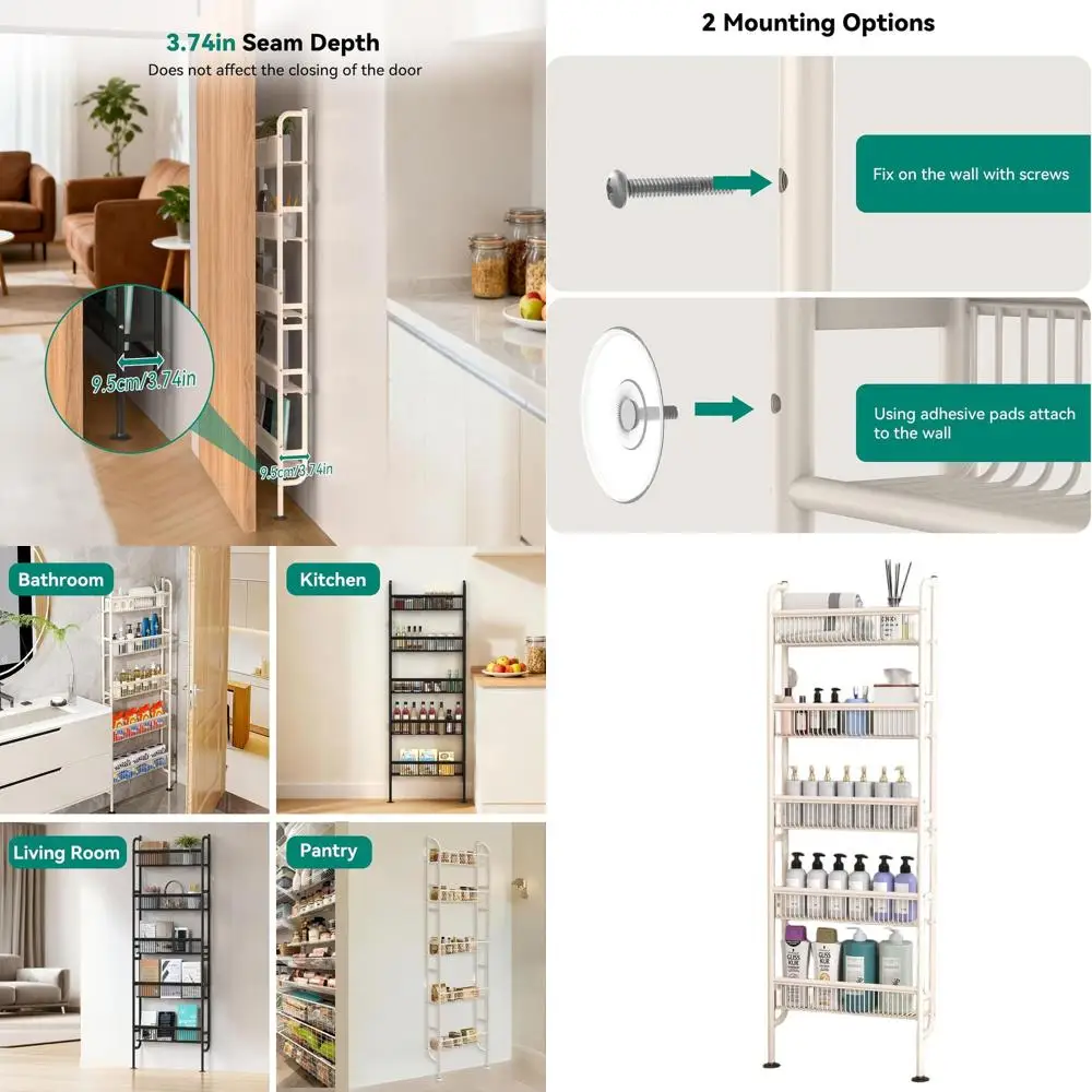 

5-Tier Slim Door Storage Rack - Space-Saving Organizer for Home, Sturdy Metal Shelf for Books & More