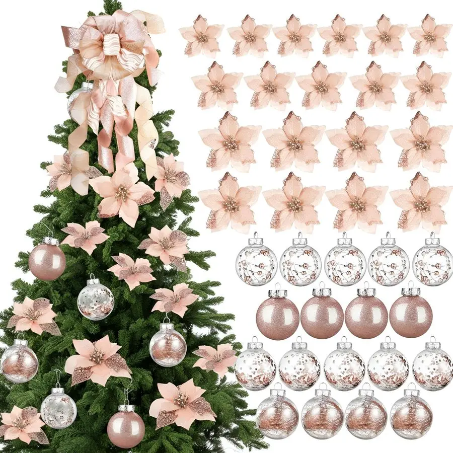 

Pcs Rose Gold Christmas Tree Decoration Set Tree Topper Bow 24 Pcs Christmas Glitter Artificial Poinsettia Flowers and 2.36 Inch