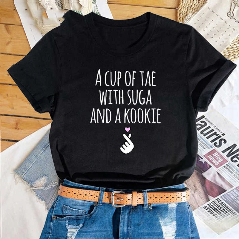 A Cup of Tae with Suga and A KHarajuku Shirt Printed T-Shirt Women Korean Casual Kdrama Idol Fashion High Quality Cotton Tee Top