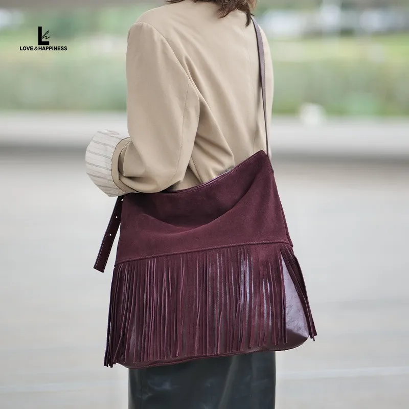 

High Quality Top Layer Cowhide Suede Single Shoulder Women's Bag Large Capacity Bucket Type Single Shoulder Crossbody Bag Trendy