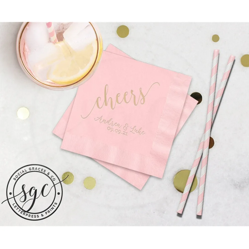 

50PCS Personalized Blush Cocktail Napkins, Engagement Bridal Party Wedding Napkin, Champagne Gold Letterpress Foil