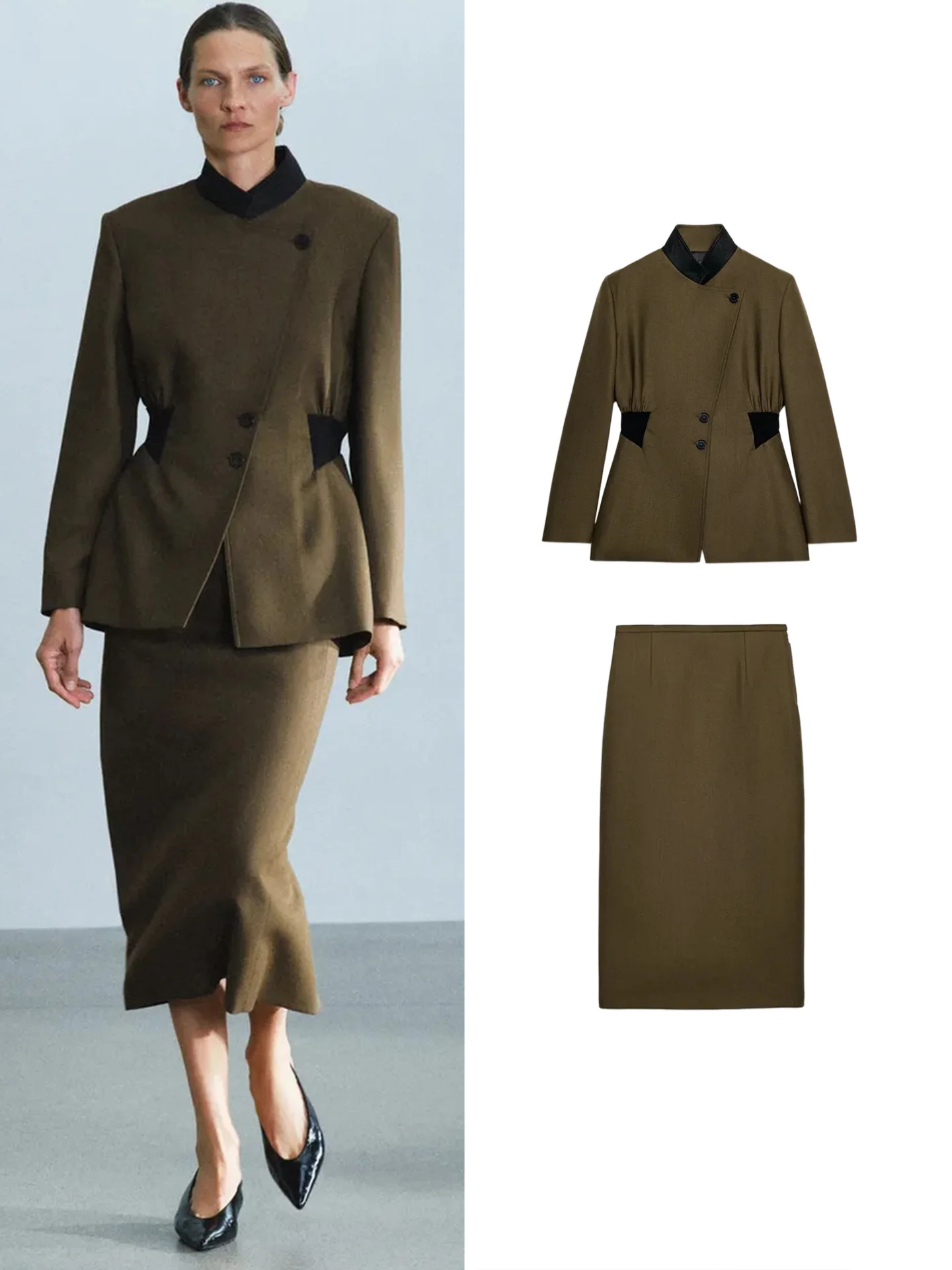 Slim Fit Long Sleeve Contrast Color Collar Padded Shoulder Jacket Straight Leg Half Skirt Two Piece Set Fashionable Women's O...