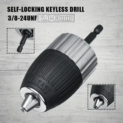 Keyless Self-Locking Drill Chuck Adapter 2-13mm 3/8-24UNF Hex Shank Quick Release Impact Ready Electric Drill Chuck Driver Tools