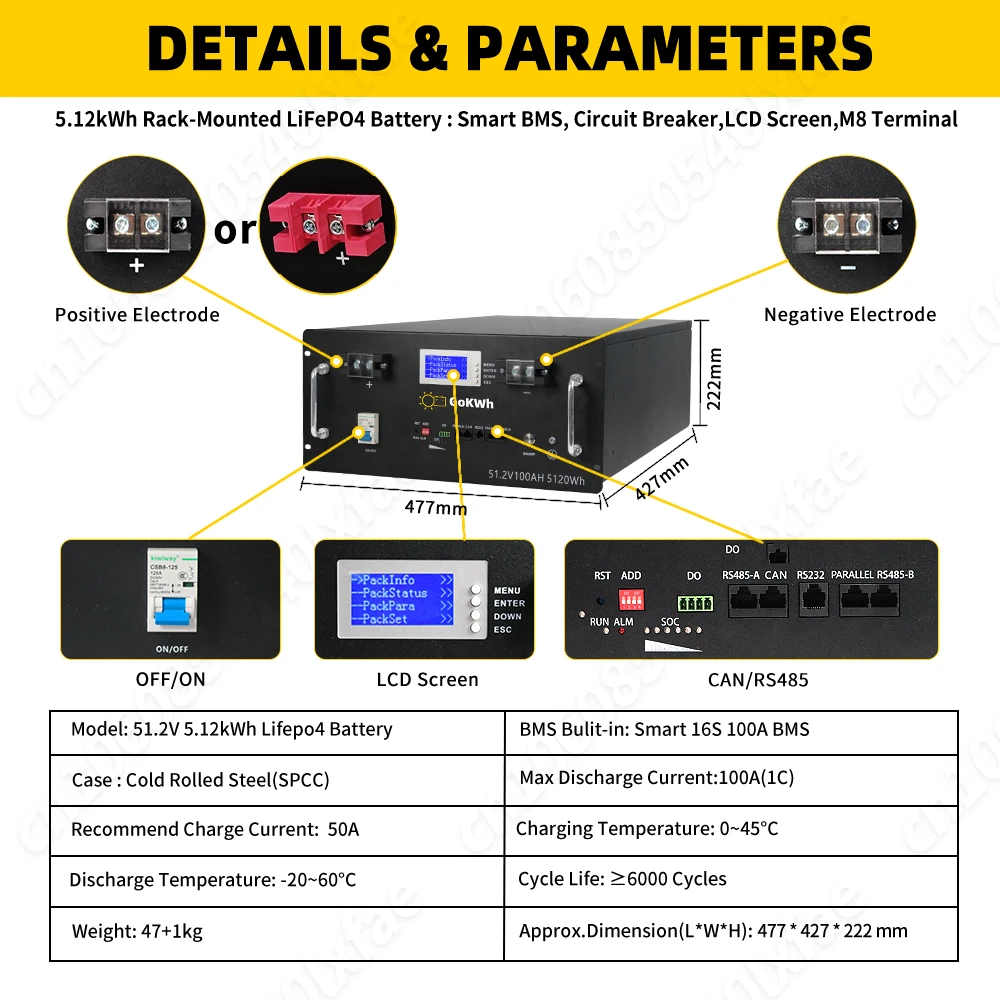 GoKWh 48V 100Ah LiFePO4 LFP Battery Pack NEW 16S 100A BMS 51.2V Lithium ion Li-ion Battery For Solar Home Energy Storag Systems