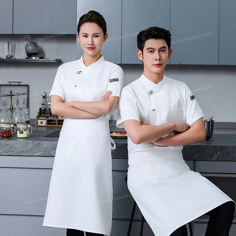 Sommer Männer Schwarz Chef Uniform Schürze Restaurant Kurzarm Chef Shorts Jacke Küche Atmungsaktive Chef Mantel Arbeit Kleidung Logo