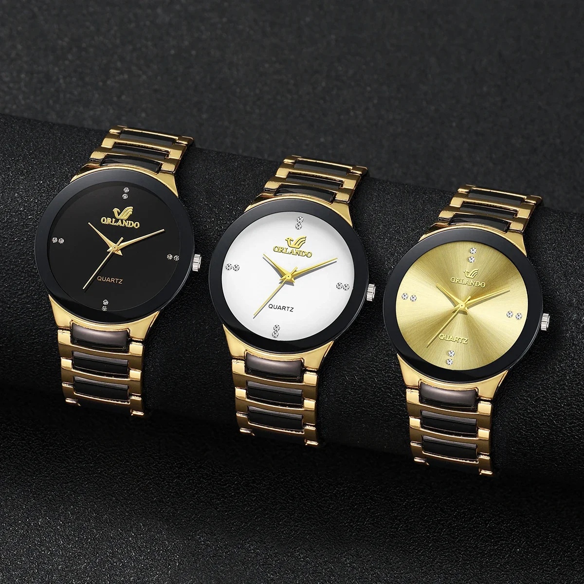 1/3PCS Men's Business Fashion Steel Strap Watch Two tone Strap Gold Dot Diamond Simple Men's Steel Watch