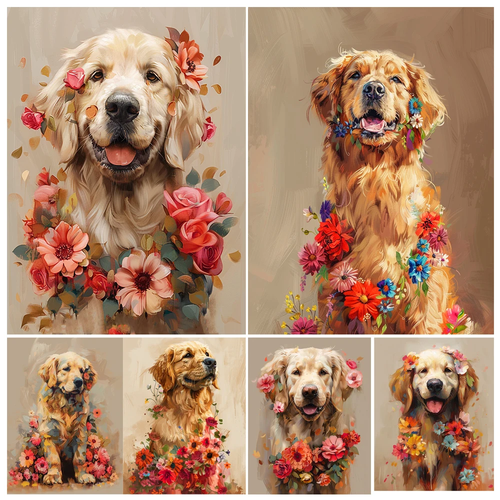 Cyfrowy zestaw do malowania akrylu DIY Golden Retriever Dog With Flower Animal Art Canva Art Ręcznie malowany wystrój domu Spersonalizowany prezent