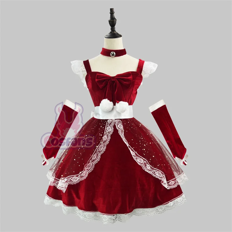 

Anime Christmas Uniform Plush Short Halter Maid Dress Santa Claus Women Bowknot Shiny Suit New Year Wine Red Cosplay Costume