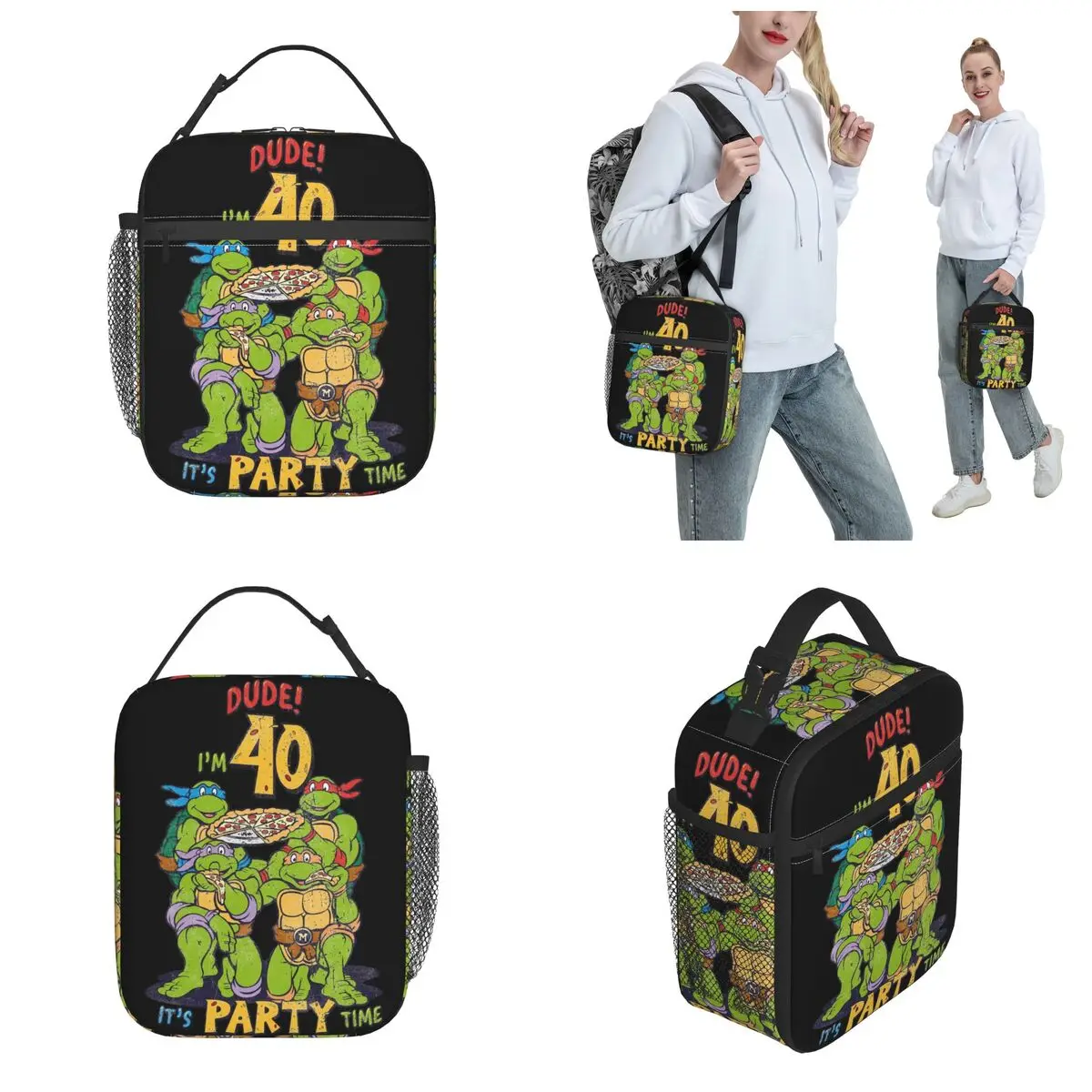 Teenage Turtles Dude 40th Birthday Pizza Party Insulated Lunch Tote Bag Lunch Container Portable Thermal Cooler Lunch Box Picnic