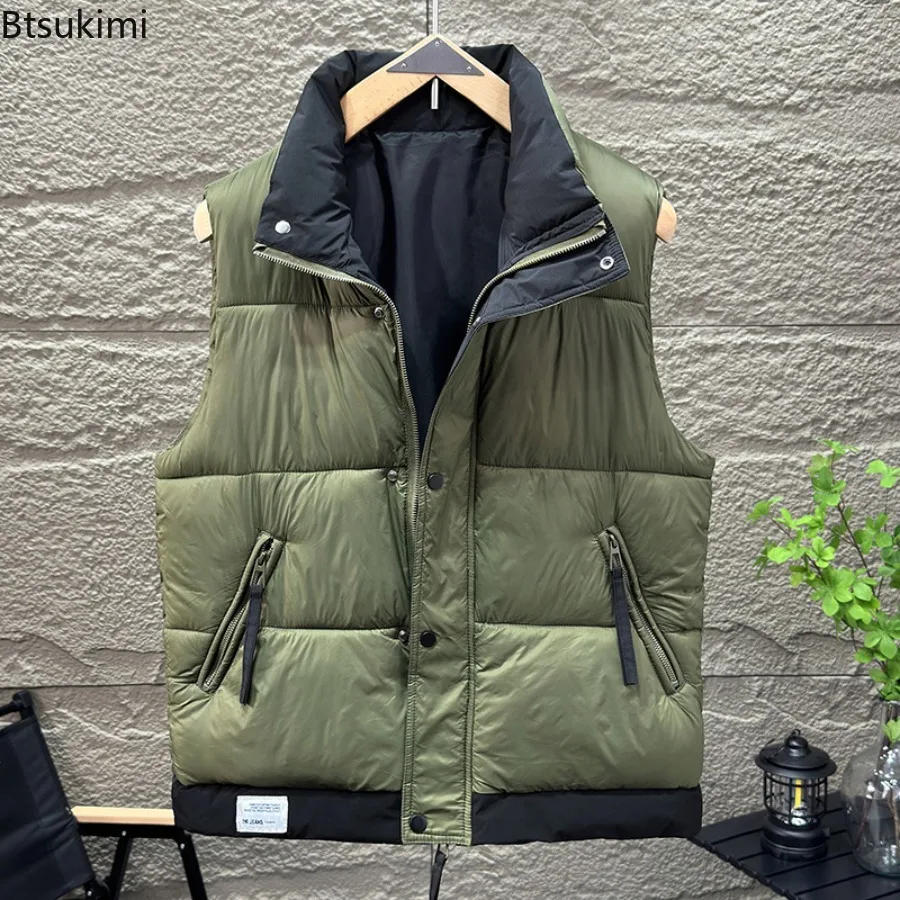 New Men's Casual Warm Sleeveless Vest Coats Mock Neck Thicken Windproof Jackets Winter Colorblock Down Cotton Vest Men and Women