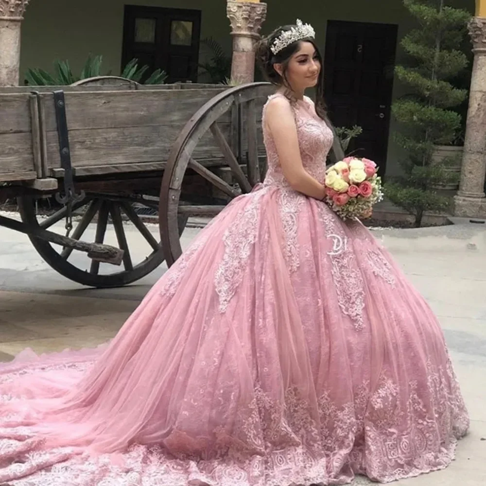 فستان Quinceanera بحمالات رفيعة وردية ، ترتر كلاسيكي ، فستان حفلات برقبة شفافة ، أنيق ، فستان حفلة مصنوع خصيصًا ، فاخر