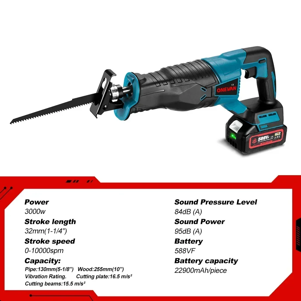 ONEVAN 3000W Cordless Reciprocating Saw Electric Saber Saw for Metal Wood Pipe Cutting with 4 Blades Kit For Makita 18v Battery