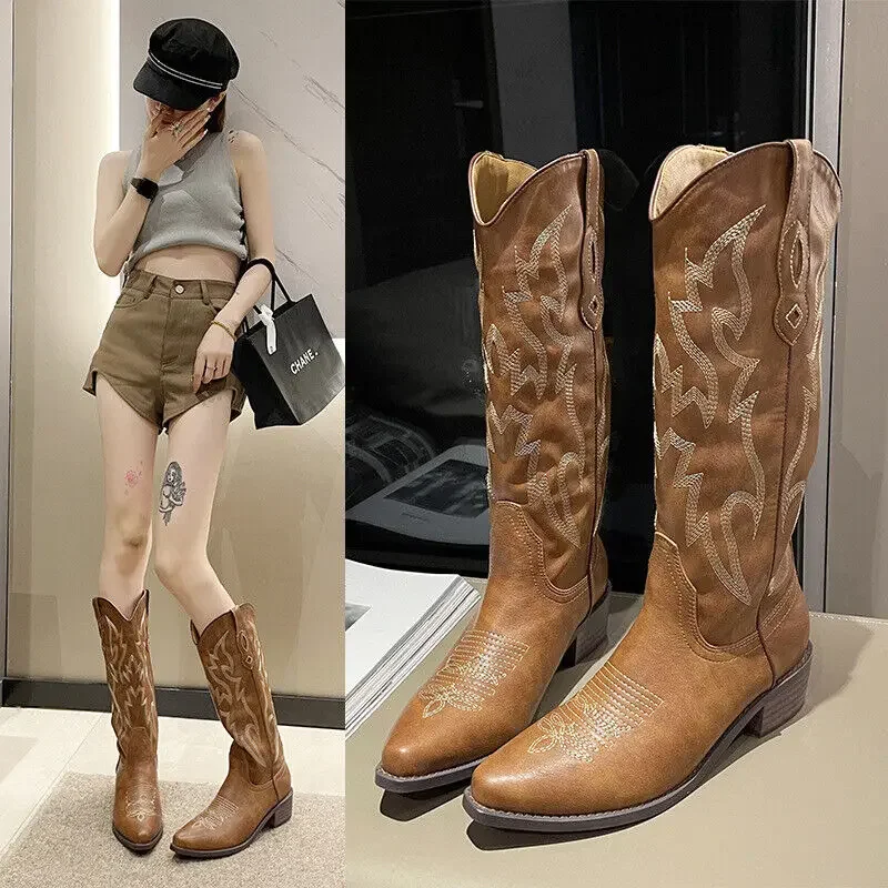 Women Embroidered Mid-calf Western Cowboy Chunky Knight Boots Vintage Square Toe Women Boots Big Size 35-42