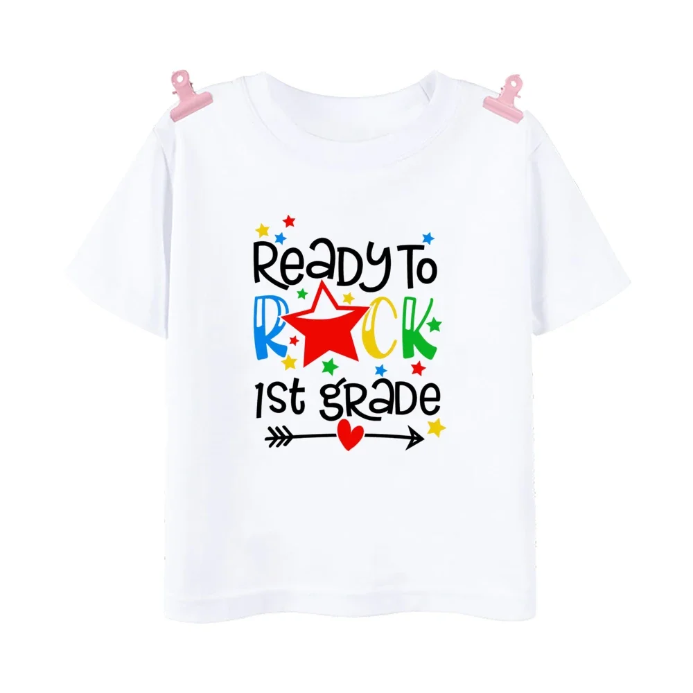 Ready To Rock 5th Grade Printed Boys Shirt 1-5 Grade Child Back To School Outfit T-shirt Fashion Kids Short Sleeve Tee Clothes