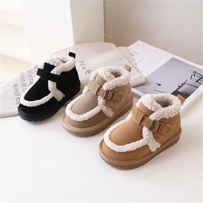 Children's Snow Boots For Girls Leather Warm Plush Fashion Non-slip Toddler Kids Boys Boots EU 21-30