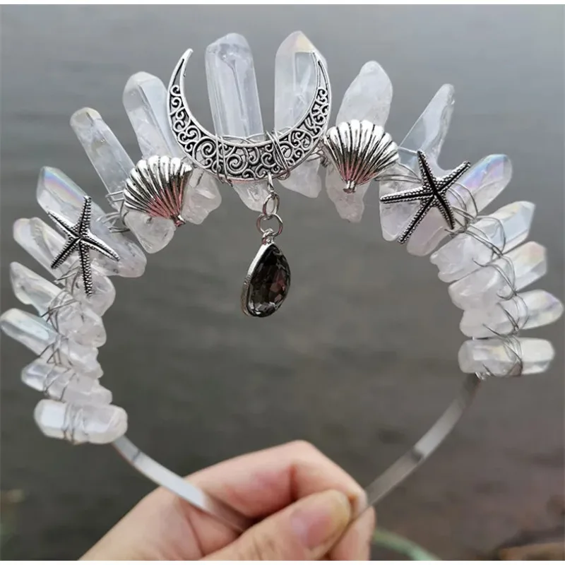 

Raw Crystal Quartz Crown Headband Rhinestone Tiara Mermaid Hair Accessories for Women Party Wedding