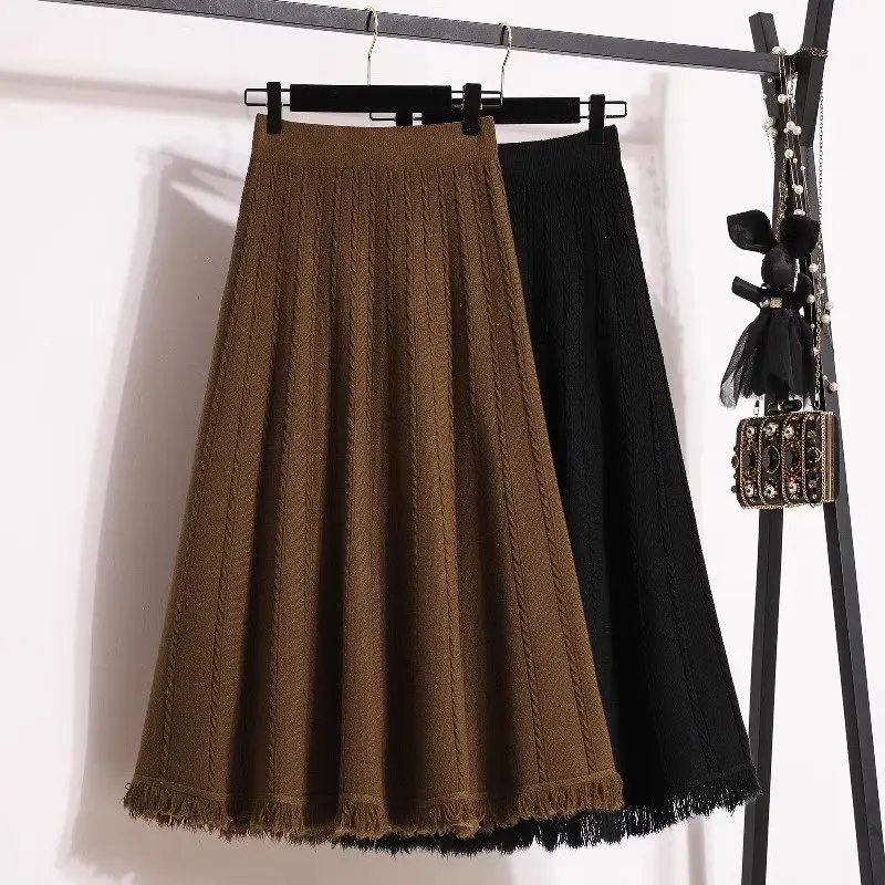 

Large Size Autumn And Winter Clothing New Style Sweater Knitted Skirt High Waisted A-Line Raw Edge Pleated Skirt Midi Saias Z454