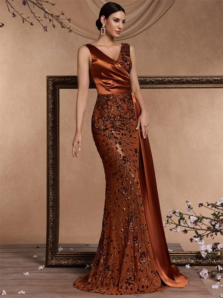 XUIBOL Elegant V-neck Splice Sequins Evening Dress Women Sleeveless Mermaid Formal Luxury Party Streamer Prom Cocktail Gown image 5
