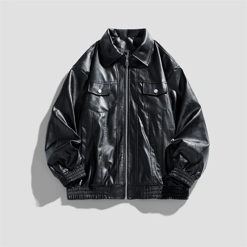 

Autumn Men Leather Jacket High Street Windproof Waterproof Man Coat Turn Down Collar Long Sleeve Zipper Loose Male Outerwear
