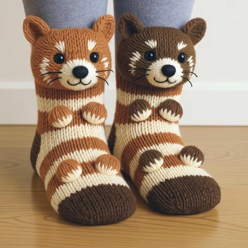 

A Pair of Adult Cute Animal Socks 3D Knitted Floor Socks for Fall & Winter Christmas Cozy & Warm Socks for Home & Outdoor