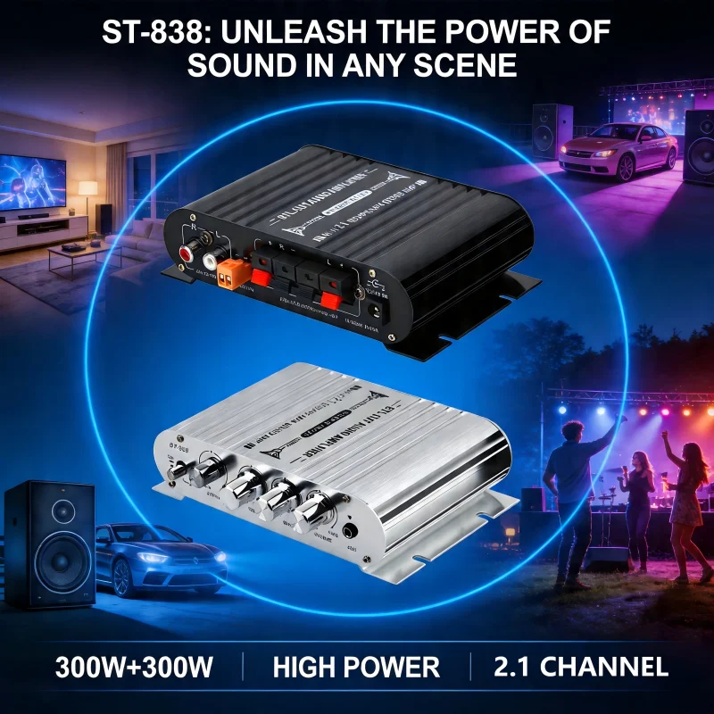 ST-838 300W Bluetooth 2.1 Channel Amplifier Hifi Stereo Treble Bass Adjust DC12V Mini Amp Home Theater Car Karaoke Speaker