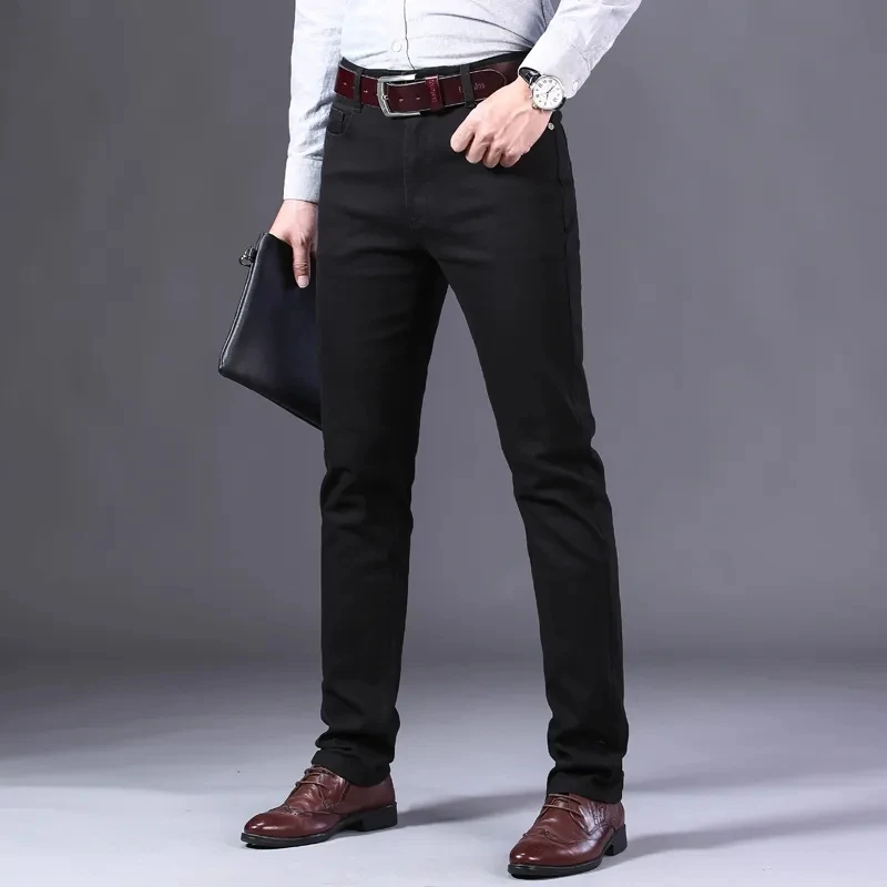 Classic Style Men's Wine Red Jeans Fashion Business Casual Straight Denim Stretch Trousers Male Brand Pants images - 6