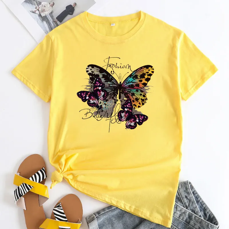 JFUNCY 2024 Fashion Women\'s T-shirts Women Cotton Tshirt Short Sleeve Tops Butterfly Graphic T Shirts Female Clothing Woman Tess