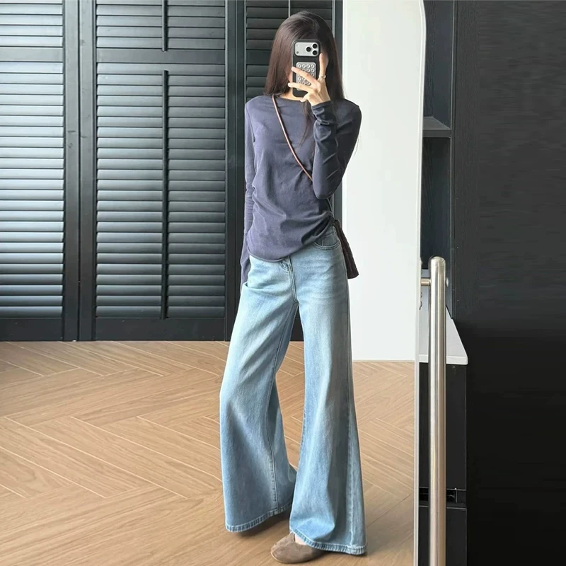 Light Blue High Waist Slimming Denim Jeans Women's Autumn New Style Small Size Bell Bottoms Comfortable Cotton Stretch Denim
