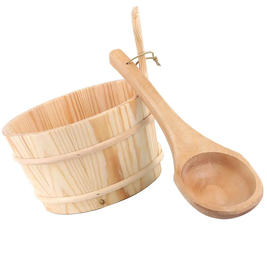 Handmade Natural Sauna Bucket and Ladle Kit Bathtub Bucket Water