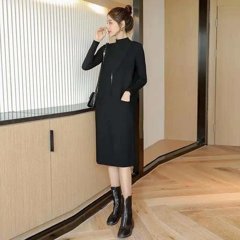 Mid to long knitted vest dress women in autumn and winter Korean version zipper pocket sleeveless camisole sweater vest dress