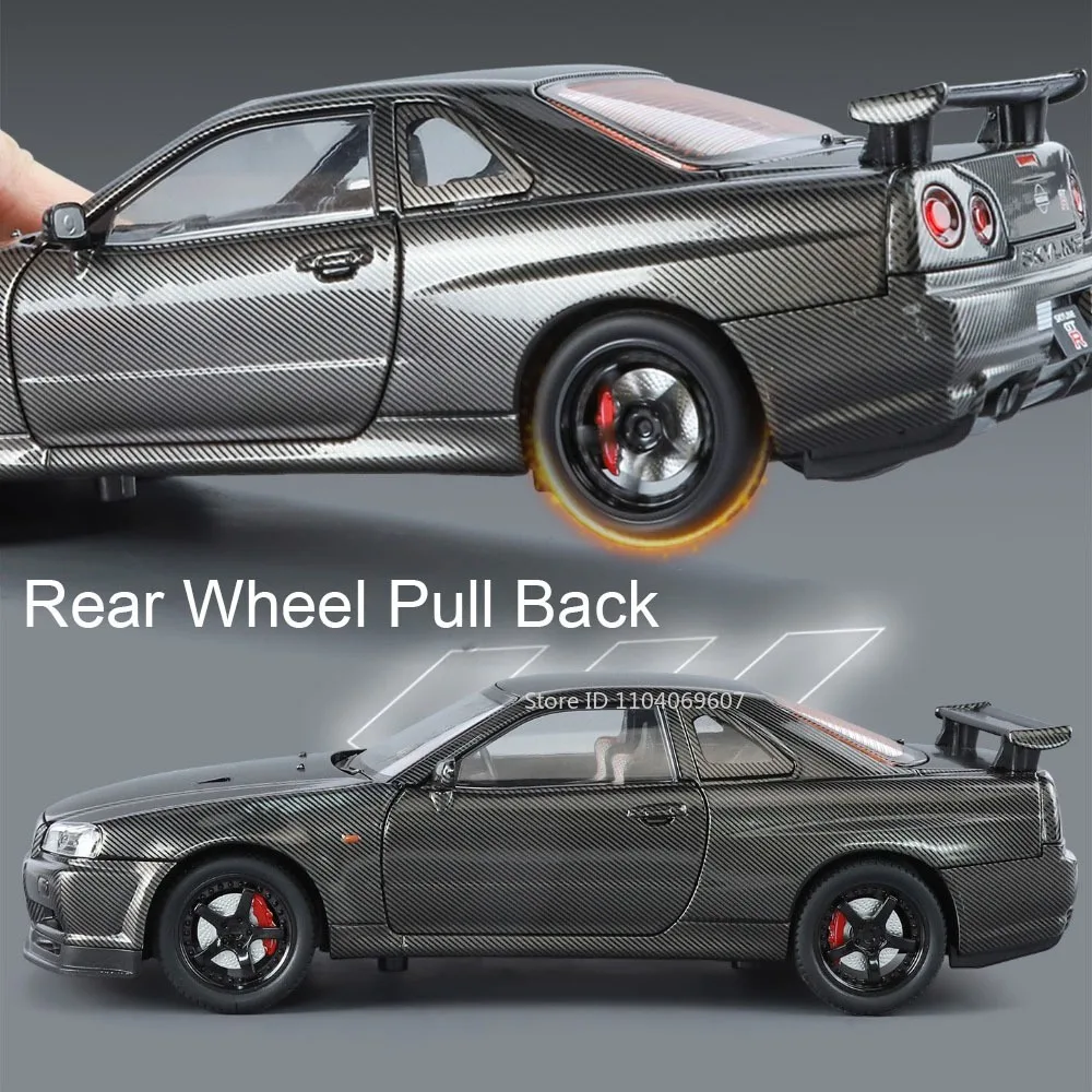 1:24 スカイライン GTR-R34 スーパーカーモデル ミニチュア玩具 合金ダイキャスト スポーツカー サウンドライト ドア開閉 プルバック 子供向けギフト