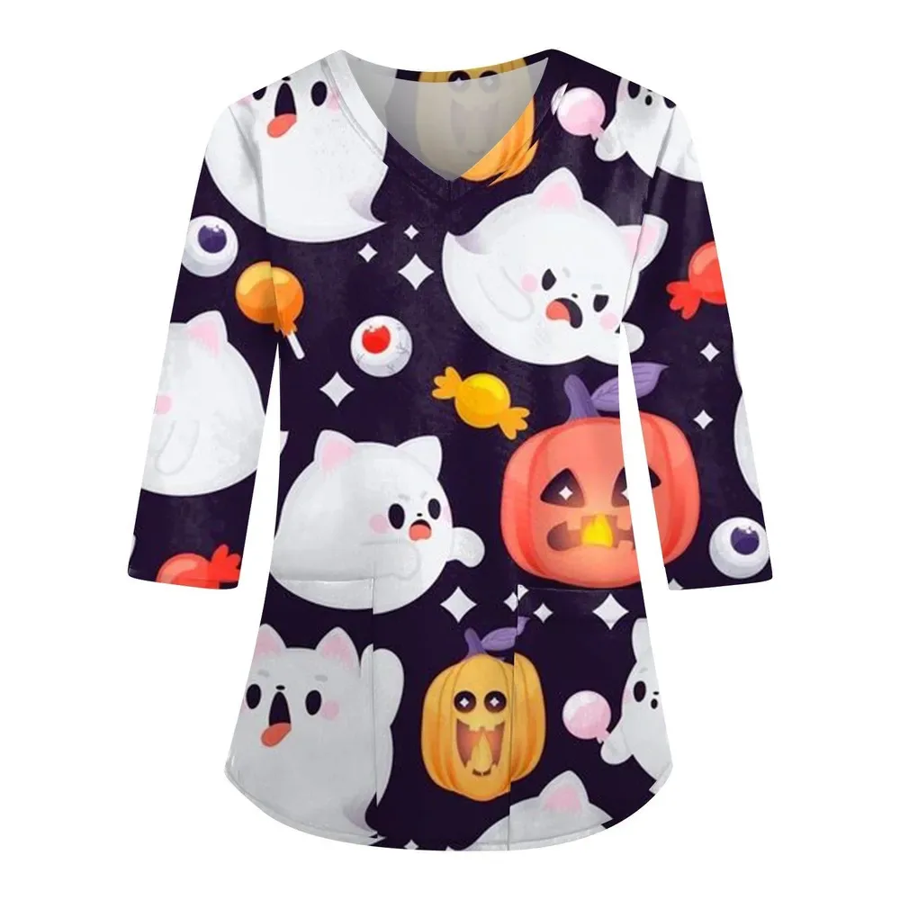 

Halloween Surgical Uniforms Woman Cute Cartoon Print Dental Nurse Tops Fashion V-Neck Long Sleeve Vet Clinical Uniform Woman
