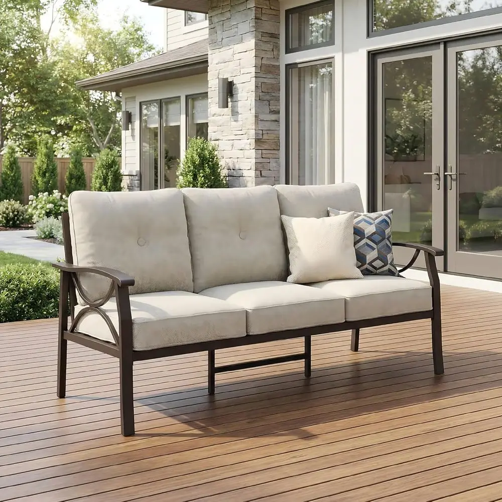 

3-Seat All-Weather Patio Sofa with Beige Cushions, Khaki Metal Chairs